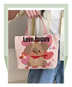 Pink canvas tote bag with cute puppy print, casual handbag for daily commute and students.