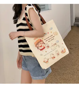 Grand sac cabas en toile pour étudiants, sac à épaule imprimé dessin animé mignon.