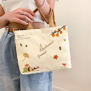 Women Minimalist Canvas Tote Bag Small Handbag Cartoon Bear Autumn Printed Daily Commute Canvas Bag