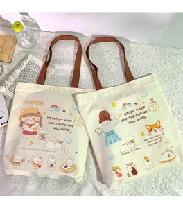 Sac cabas en toile avec motif cartoon mignon pour femme, grand sac fourre-tout étudiant.