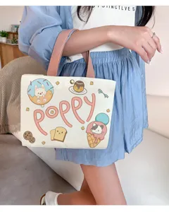 Cute canvas tote bag for women, casual commuter handbag with lovely cartoon prints.