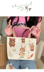 Close-up detail of cute cartoon bear canvas handbag, stylish daily commuter small tote.