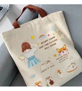 Joli sac cabas en toile avec imprimé, grand sac bandoulière esthétique au quotidien.
