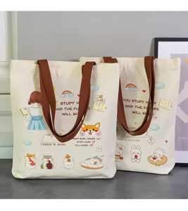 Grand sac cabas en toile pour étudiants, sac à épaule élégant avec un joli imprimé cartoon.
