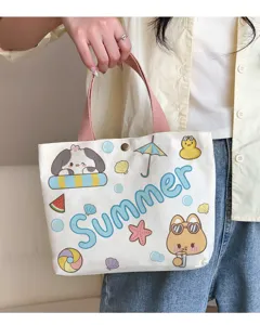 Canvas tote bag for women, cute summer cartoon print handbag, casual small cloth bag.