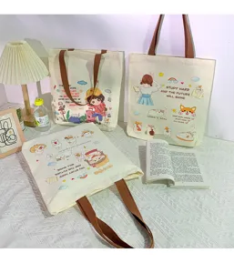 Sac cabas en toile grande capacité sac à épaule décontracté avec design étudiant dessin animé.