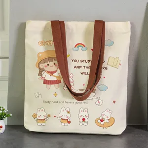 Sac cabas en toile mignon pour femmes, grand sac d'épaule avec imprimé dessin animé style.