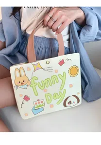 Canvas tote bag with cute cartoon prints, durable handbag for student daily commute.