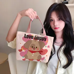 Cute Cartoon Canvas Handbag Fresh Sweet Printed Tote Bag Small Practical Storage Purse Snap Button Double Straps Top Handle Lunch Box Bag for Women Girls Casual Daily Commute