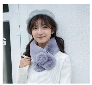 Plush cross scarf detail view, cute winter furry neck warmer with pom pom, soft cozy greyish purple
