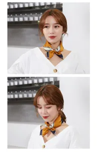 Detailed shot of women's chic geometric printed small square scarf stylish neckerchief.