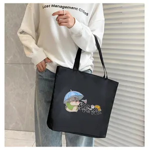 Black canvas tote bag for women, cute hamster print casual shoulder daily handbag
