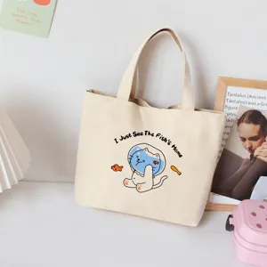 Women Cute Cartoon Animal Canvas Tote Bag Casual Printed Handbag Small Lunch Box Bag For Office School Women Mini Handbag