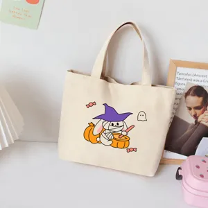 Cute cartoon canvas tote bag for women, stylish casual lunch handbag for daily commute.