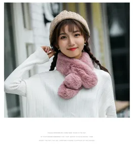 Plush winter scarf detail, soft faux rabbit fur, cozy cute girl style warm neck wrap.