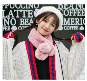 Cute winter plush scarf detail, soft furry women neck warmer in pink with cute pom pom design.