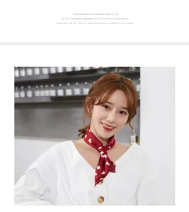 Women small square chiffon scarf with cute white heart prints, perfect neckerchief for autumn.