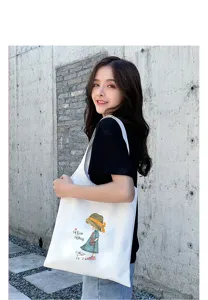 Lässige weiße Canvas-Stofftasche mit süßem Cartoon-Mädchen-Print für den Alltag.
