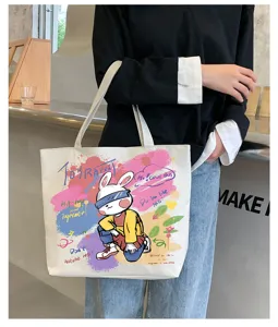 Canvas tote bag for women, large capacity shoulder bag with cool rabbit graffiti print for students.