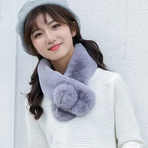 Grey plush winter scarf for women, soft furry neckerchief with cute pom pom design. Warm.