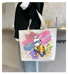 Canvas tote bag for women large capacity student casual shoulder bag with trendy graffiti rabbit print