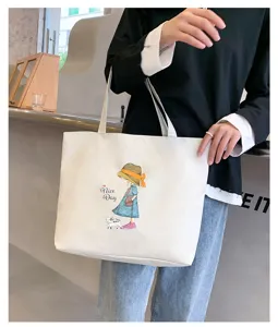 Casual canvas tote bag with cute girl illustration, large capacity shoulder bag for daily use.