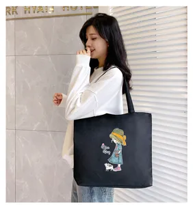 Black canvas tote bag for women students large capacity casual shoulder bag daily shopping bag