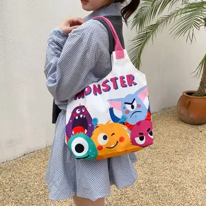 Original cartoon monster canvas tote bag, cute shoulder vest bag for daily commuting and school.
