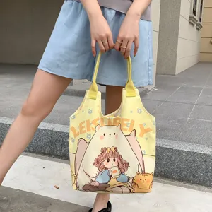Cute cartoon canvas tote bag for women, large capacity shoulder bag with sweet bear print.