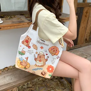 Cute capybara print canvas tote bag for women, large capacity casual shoulder bag main view.