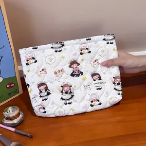 Quilted cute cartoon makeup bag for women, large capacity travel toiletry pouch with zipper.