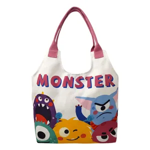 Original cute cartoon monster canvas tote bag for women, large capacity shoulder bag, school.