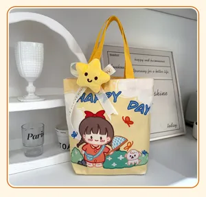 Bolsa tote de lona con dibujos animados y colgante de estrella, bolso práctico para niños.