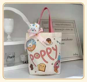 Lindo bolso de lona con estampado de dibujos animados, asa rosa, regalo ideal para niños.