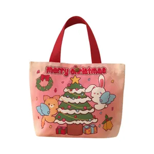 Sac cabas en toile rose de Noël avec imprimé mignon chat et lapin pour le trajet quotidien.