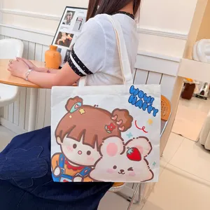 Niedliche Cartoon Segeltuch Einkaufstasche Große Kapazität Bedruckte Schultertasche Lässige Handtasche Schultasche Für Studenten Unisex