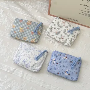Cute cartoon printed cotton small zipper pouch portable coin purse makeup storage bag set