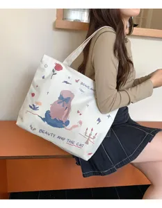 Canvas tote bag for women large capacity shoulder bag cartoon print casual commuting bag