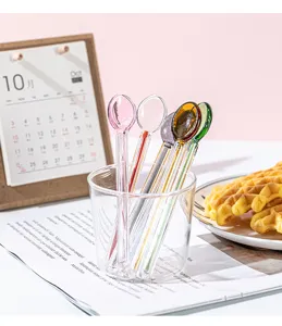 Glass stirring spoon set, colorful handle spoon, cute coffee milk dessert spoon detail view.