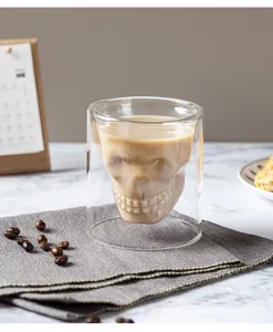 Tazza da caffè teschio in vetro doppia parete, bicchiere retrò resistente calore latte.