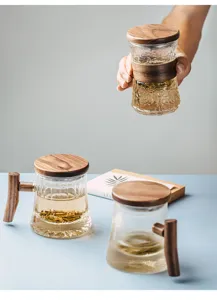 Japanese glass tea cup with wooden lid, filter and handle for office use, large capacity.