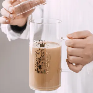 Grande tasse à café en verre avec couvercle et poignée, tasse à eau élégante pour bureau.