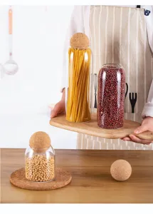 Glass storage jar with cork ball lid, large capacity kitchen canister for coffee beans and dry food.