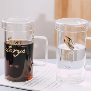 Tasse à café en verre clair avec couvercle grande tasse à eau simple tasse de bureau ménage