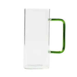 Clear glass square mug with green handle modern minimalist design for daily coffee milk tea