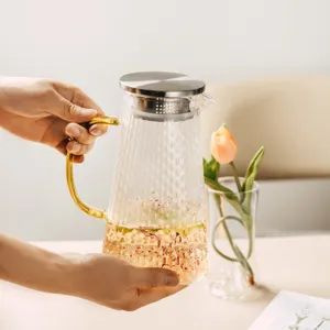 Heat resistant glass hammer texture water pitcher teapot with infuser and golden handle main view