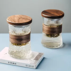 Japanese glass tea infuser cup with wooden lid, minimalist heat-resistant office mug.