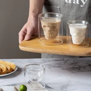 Tazza da caffè in vetro teschio a doppia parete, design creativo trasparente per latte e whisky.