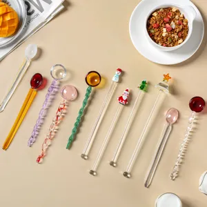 Cute candy color glass stirring spoon set, stylish transparent coffee spoon and spiral design.