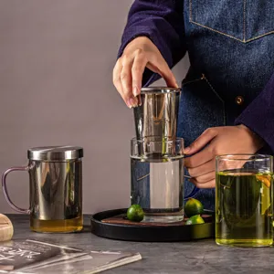 Tasse a thé en verre avec filtre et couvercle en acier inoxydable pour infuser le thé